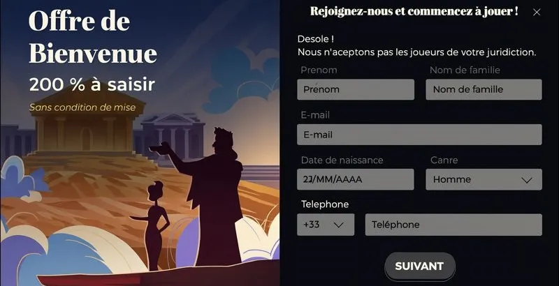 Inscription sur Olympe Casino